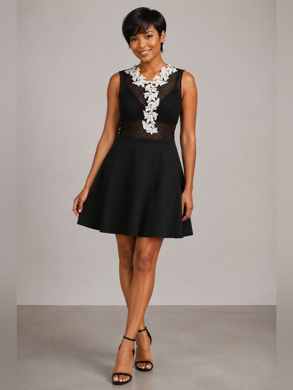 Sandro Paris Sheer Lace Top Dress  Floral Applique Neckline Back Zip Black Small